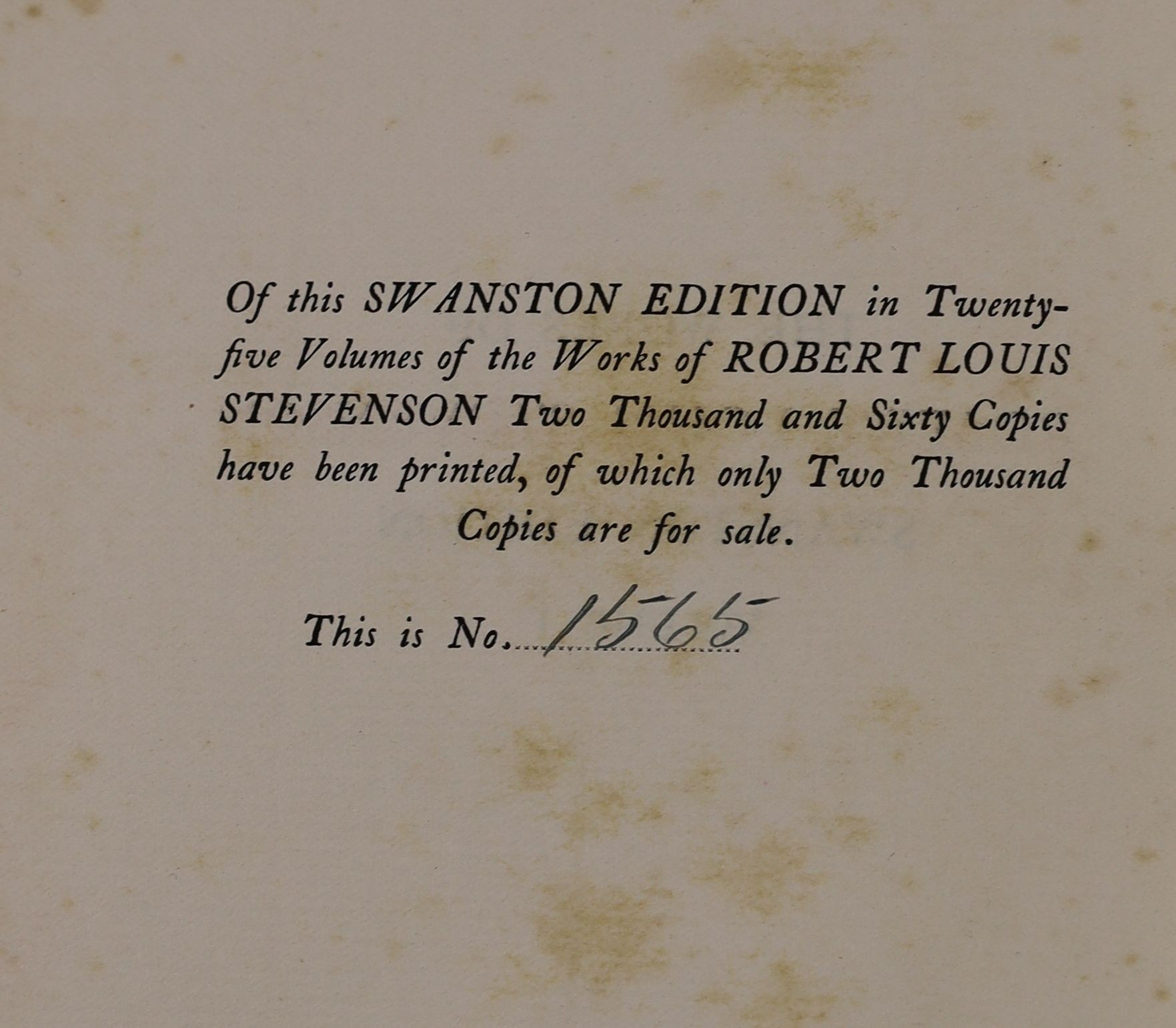 Stevenson, R.L. - The Works, introduction by Andrew Lang, 25 vol., Swanston edition, number 1565 of 2060 copies, frontispieces, original cloth, top edges gilt, others uncut, spines slightly faded, 8vo, 1911-1912